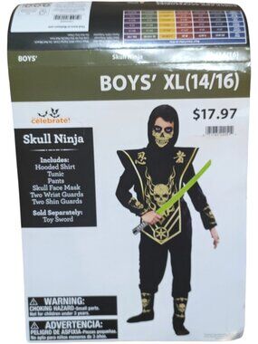 Walmart Skull Ninja Costume Black and Gold Outfit Size XL (14/16) New with Tags